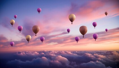 Obraz premium Serene 3D Render of Vibrant Balloons Against a Sunset Sky with Warm Orange and Pink Hues