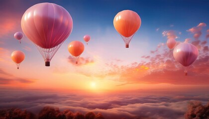 Obraz premium Serene 3D Render of Vibrant Balloons Against a Sunset Sky with Warm Orange and Pink Hues