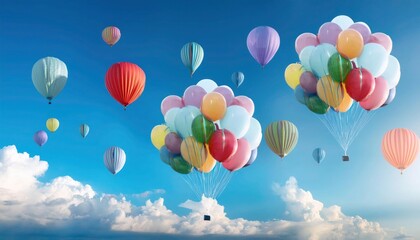 Fototapeta premium Vibrant 3D Render of Colorful Balloons Floating in a Clear Sky with Morning Clouds
