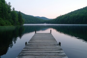 Fototapeta premium Serene Lake at Dawn with Calm Waters and Wooden Dock in Nature