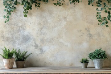 Rustic Background with Plants and Wooden Shelf