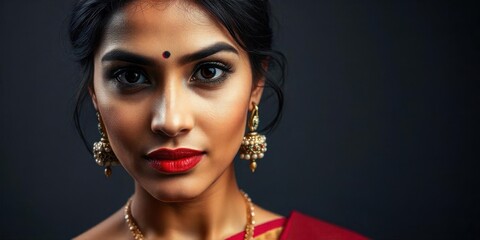 Fototapeta premium A young Indian woman with dark hair and brown eyes, wearing sari and traditional Indian jewelry including earrings and a necklace, against a dark studio background