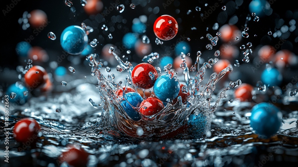 Poster dynamic splash of colorful spheres in water indoor studio high-speed photography artistic environmen