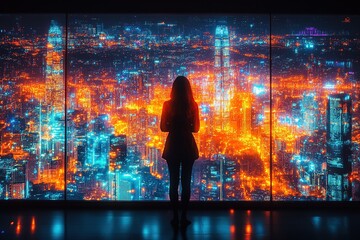 A silhouette of a person gazes at a vibrant city skyline illuminated by colorful lights at night.