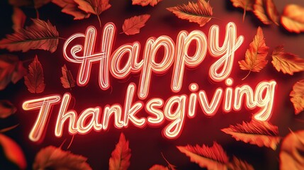 Happy Thanksgiving Neon Sign with Autumn Leaves