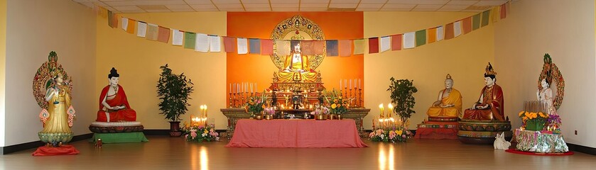 A serene Buddhist altar with statues, offerings, and prayer flags for meditation and worship.