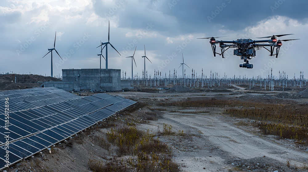 Poster advanced drone surveillance of solar farms and wind turbines under attack renewable energy site aeri