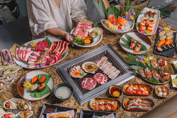 Exquisite Japanese BBQ and Sushi Culinary Spread