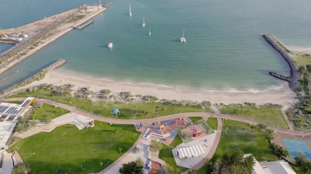 Geraldton Town Beach, Playground And The Esplanade In Geraldton, Western Australia. - aerial shot