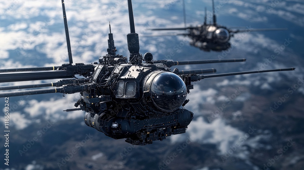 Aufkleber Advanced weaponry spacecraft orbiting ea futuristic battle scene high-altitude view sci-fi concept art
