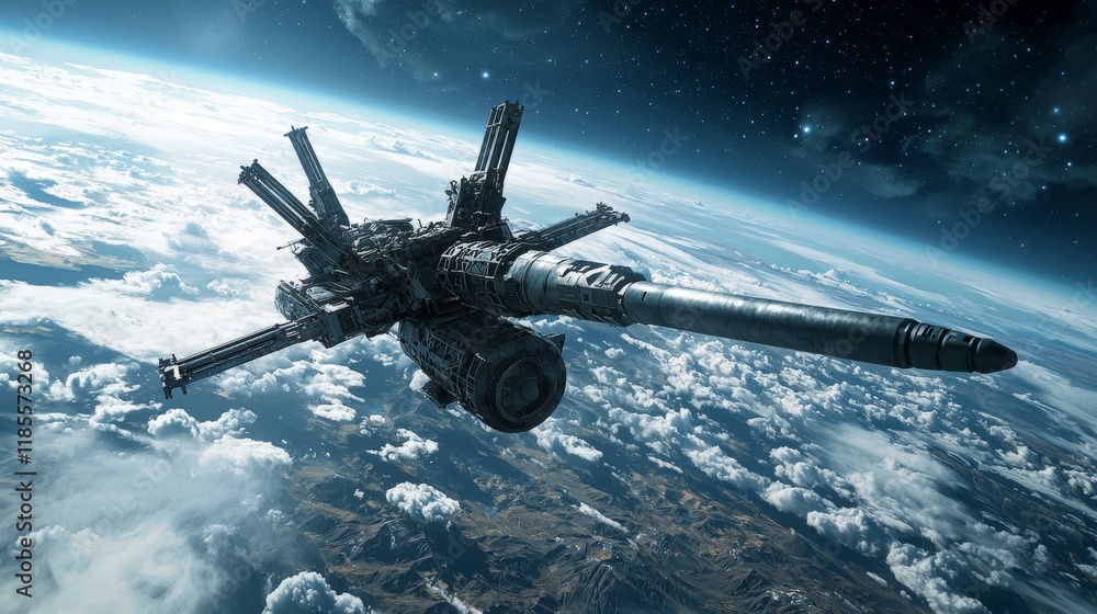 Fototapete Advanced armed spacecraft orbiting planet ea sci-fi scene deep space futuristic environment high angle view