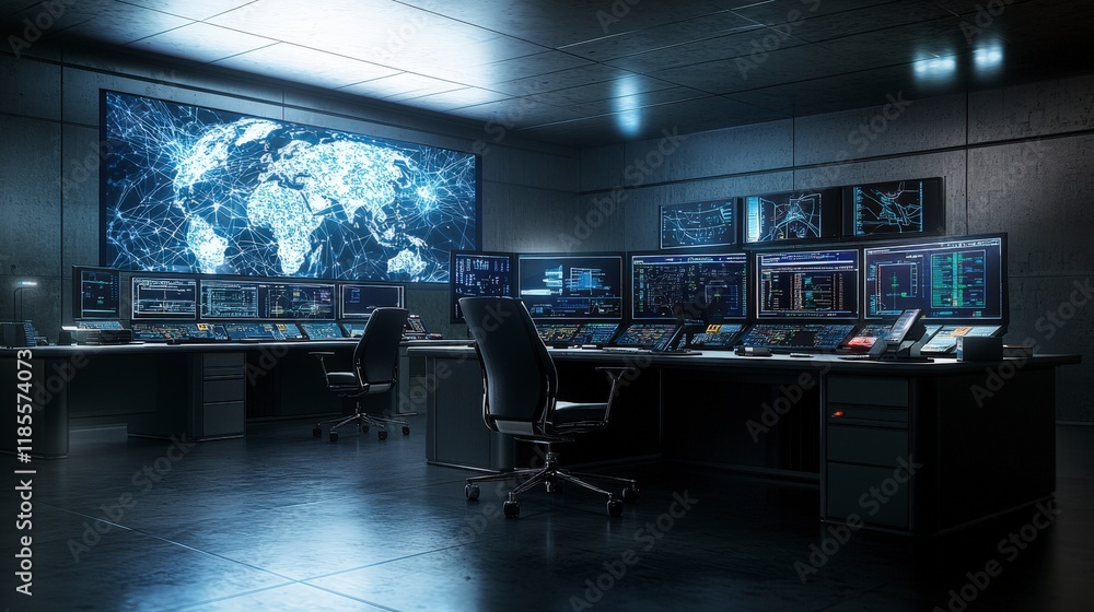 Poster Technicians scrambling to manage systems in futuristic control room digital environment high-tech viewpoint