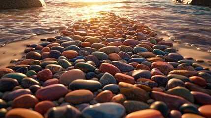 Obraz premium Serene Sunset Colorful Beach Stones and Gentle Waves at Golden Hour