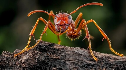 Fototapeta premium Weaver ants interacting on nature's canvas rainforest habitat macro photography vibrant background close-up perspective