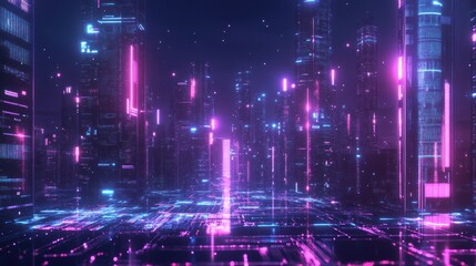 Obraz premium Neon Cyberpunk Cityscape at Night: Futuristic Urban Glow