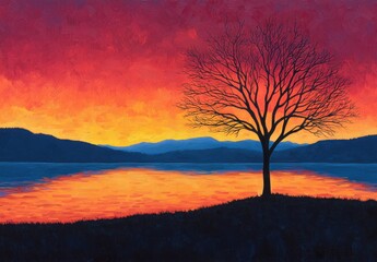 Fototapeta premium Dramatic Sunset Landscape with Silhouette of Bare Tree and Water