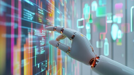 Robotic Hand Interacting with Futuristic Digital Display Interface