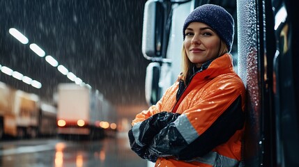 Obraz premium Confident Female Worker in Rainy Night at Logistics Warehouse