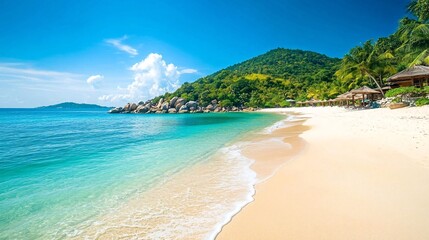 Serene Tropical Beach with Clear Water and Lush Green Landscape