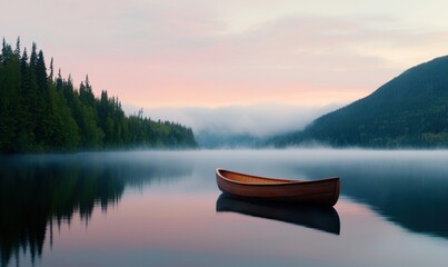 Serene Dawn on a Tranquil Lake with a Wooden Canoe and Mist