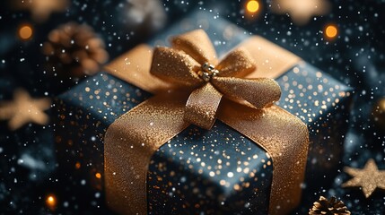 Gift box wrapped with gold ribbon, with snowfall and bokeh lights
