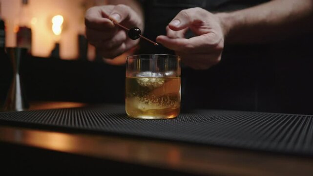 Cocktail garnishing. Bartender decorating a classic cocktail. Close-up of bartending at home with a vintage cocktail. Perfect for drink tutorials or lifestyle promos.
