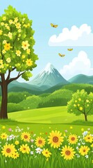 Fototapeta premium Idyllic Spring Landscape with Blossoming Tree, Sunflowers, and Distant Mountains