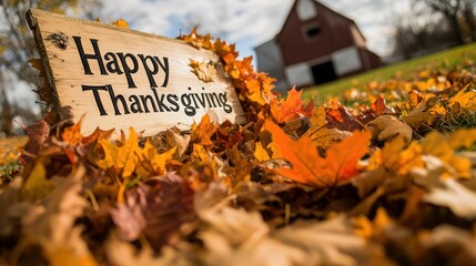 Happy Thanksgiving Sign Surrounded by Colorful Autumn Leaves near a Rustic Barn