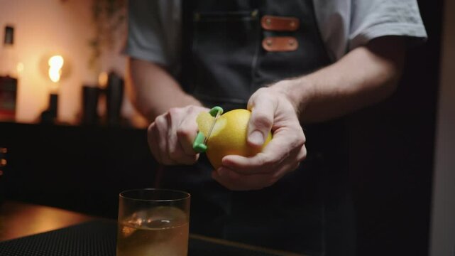 Skilled bartender zesting a lemon for a cocktail. Perfect for mixology tutorials or home bar inspiration.