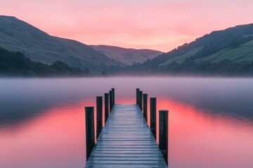 Obraz premium Serene Misty Dock with Vibrant Sunset over Calm Lake Landscape