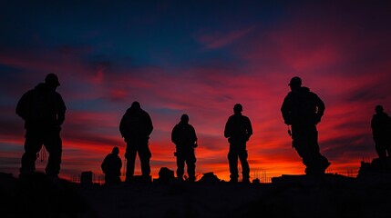 Soldiers Silhouetted Against Dramatic Sunset Sky in Background
