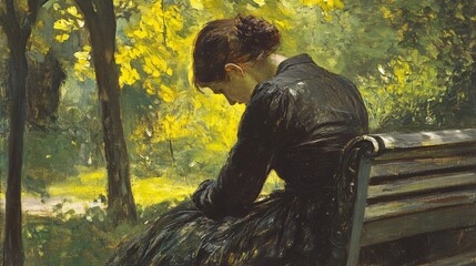 Fototapeta premium Contemplative Woman in Park Surrounded by Lush Greenery and Sunlight