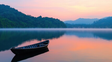 Serene Morning Mist Over Calm Water with Wooden Boat on Shoreline