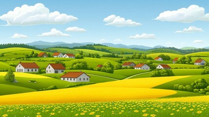 Obraz premium Idyllic Rural Village nestled amongst rolling green hills and vibrant yellow fields