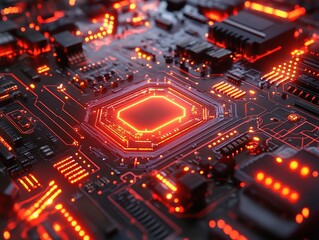 Obraz premium Glowing circuit board with components, in a macro view, tech use