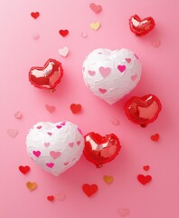 Heart-shaped balloons float gracefully on a pink surface, surrounded by scattered hearts, creating a whimsical Valentine's Day atmosphere.