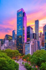 Fototapeta premium Panoramic Cityscape with Modern Architecture at Sunset