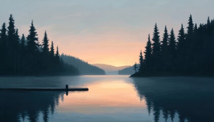 Fototapeta premium Serene Lake at Dawn Surrounded by Lush Evergreen Forests