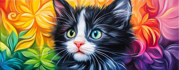 Curious Cat with Colorful Background in Acrylics