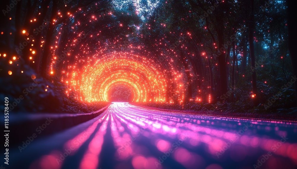 Poster glowing tunnel path in dark forest with bokeh, for fantasy background