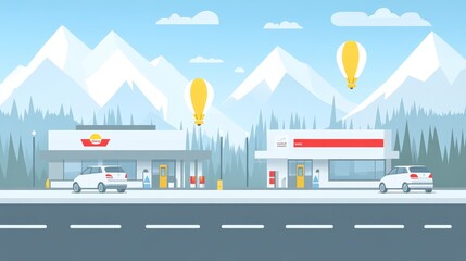 Naklejka premium Mountainous roadside gas station scene with pixel art style and hot air balloons
