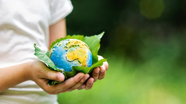 Kid holding small planet in hands against spring or summer green background. Ecology, environment and Earth day concept.