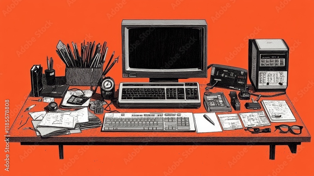 Poster a cluttered vintage computer workstation with a crt monitor and peripherals