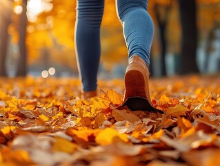 A person walking through a vibrant autumn landscape covered in colorful leaves.