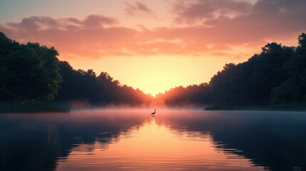 Obraz premium Tranquil Sunset Over Still Water with Silhouette of Bird