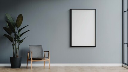 Minimalist interior design with blank frame and plant modern living space photography calm environment wide angle view