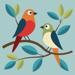 .Two birds sit on trees branch minimalistic