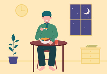 Muslim having suhoor or eating early in Ramadan vector design illustration