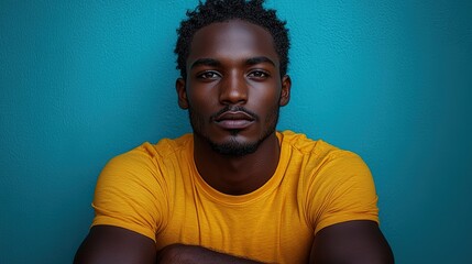 Obraz premium A portrait of a young man with a serious expression, set against a vibrant teal background.