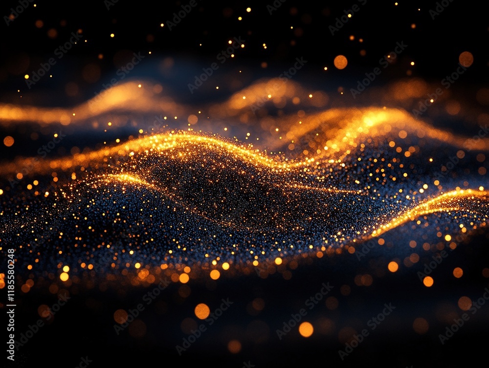 Poster golden bokeh sparkles over dark waves; ideal for digital backdrop use